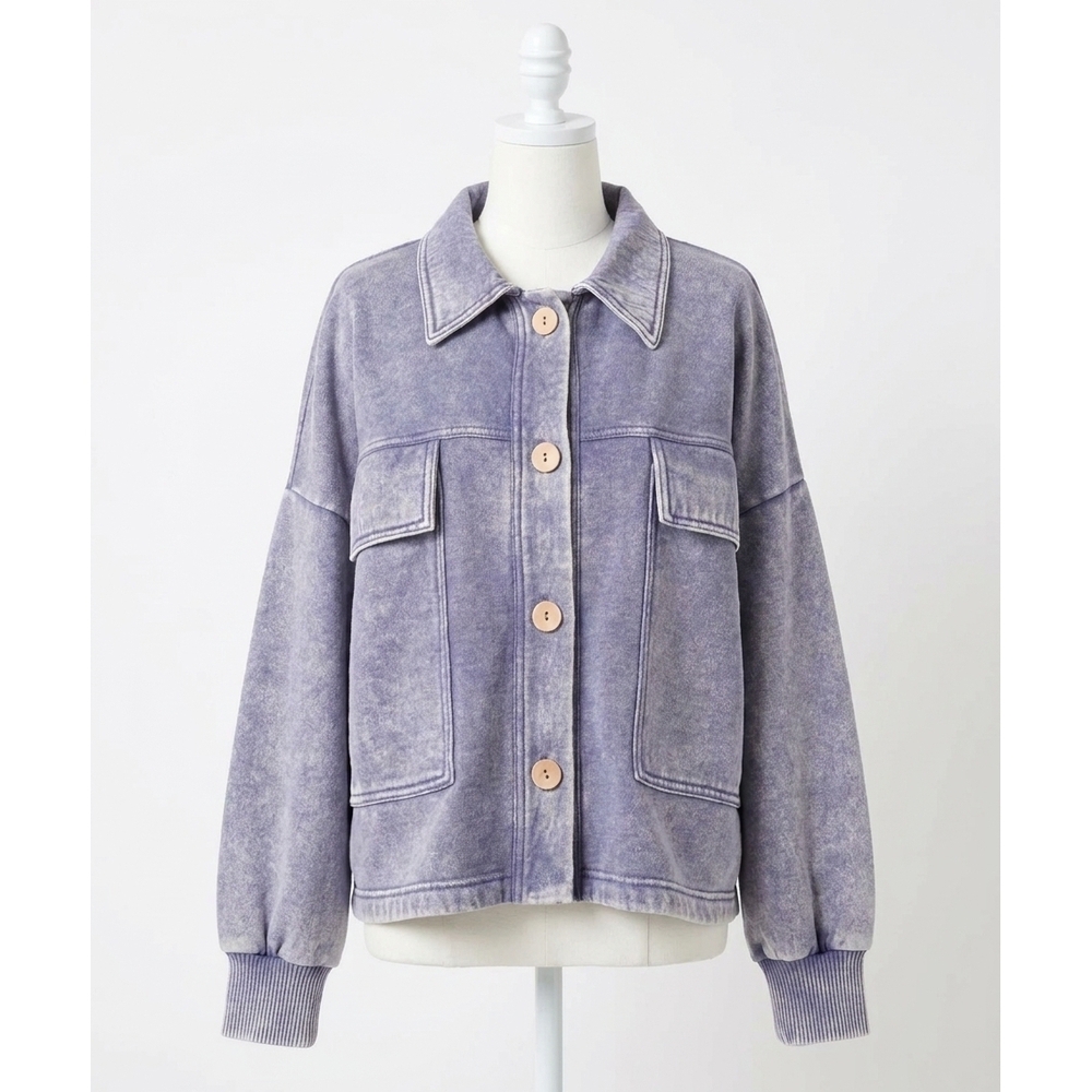NEW ZENANA acid wash fleece cropped shacket with front pockets in marlin